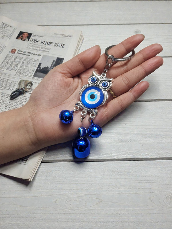 Evil Eye Owl Bell Keychain – Blue Nazar Protection Charm - Cover Stall