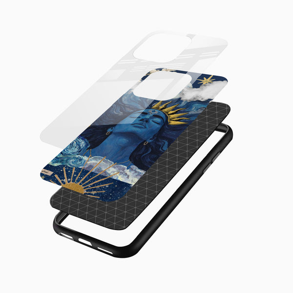 Lord Shiva celestial themed glass mobile case with blue artwork