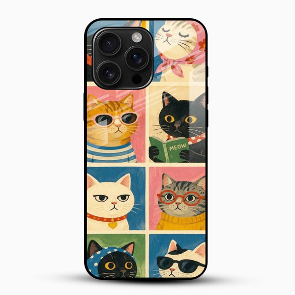 Cute cartoon cat glass mobile cover with colorful panel design
