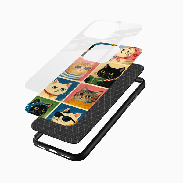 Playful cat artwork glass mobile case with cute character designs