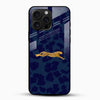 Blue leopard glass mobile cover with golden running leopard design