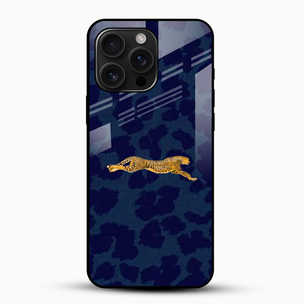 Blue leopard glass mobile cover with golden running leopard design