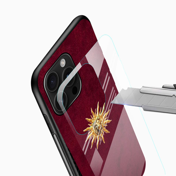 Burgundy mobile cover with radiant golden lion artwork