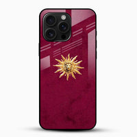 Golden lion sun emblem on burgundy red glass mobile cover