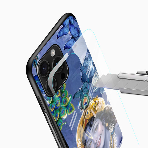 Blue Krishna tempered glass mobile cover with floral artwork