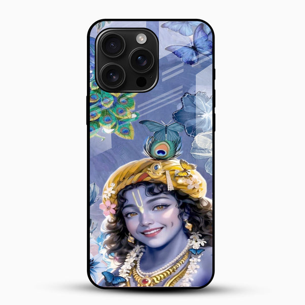 Divine Krishna blue glass mobile cover with peacock feather design