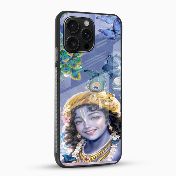 Krishna artwork with butterflies and flowers on blue mobile cover