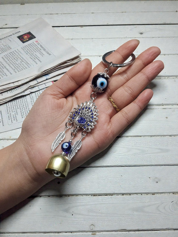 Evil Eye Peacock Bell Keychain – Blue Nazar Charm with Brass Ghanti - Cover Stall