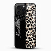 Customized name leopard print glass mobile cover in black and beige