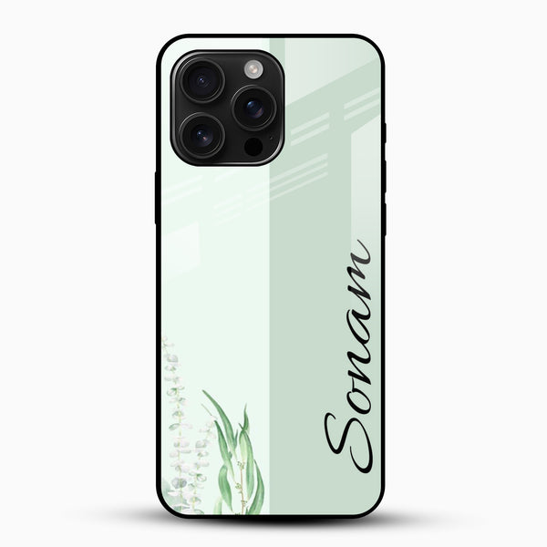 Customized name glass mobile cover with mint green floral design