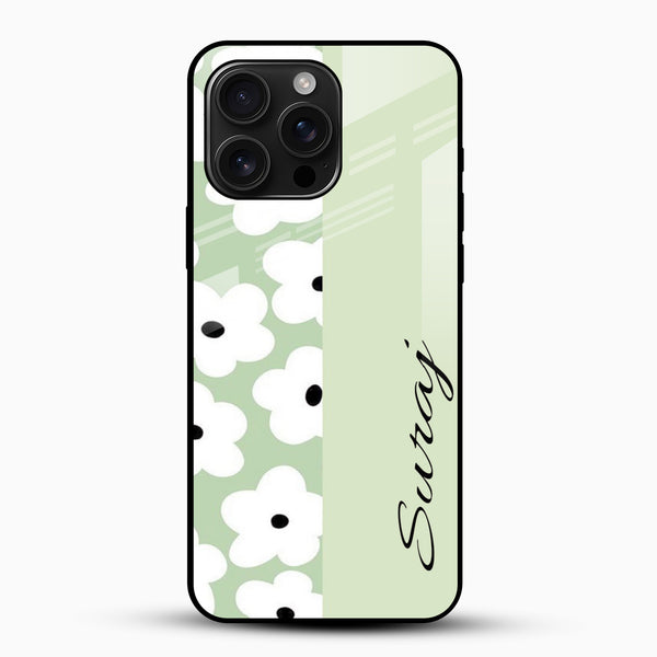Customized name glass mobile cover with sage green floral design