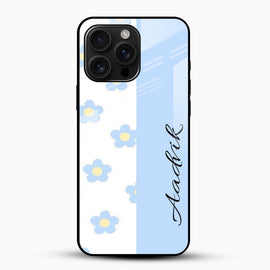 Sky Blue Floral Design - Customized Name Glass Mobile Cover
