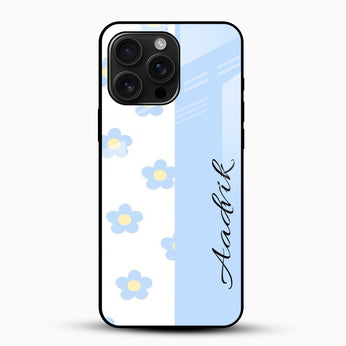 Sky Blue Floral Design - Customized Name Glass Mobile Cover