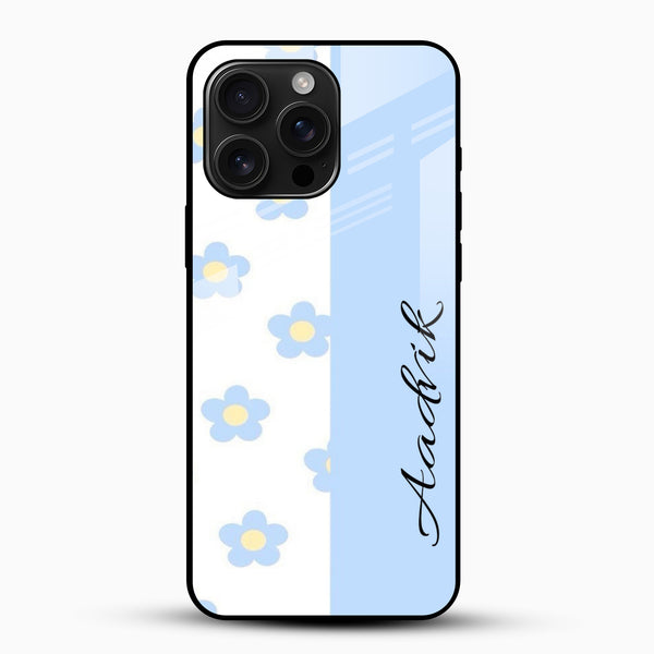 Customized name glass mobile cover with sky blue floral design