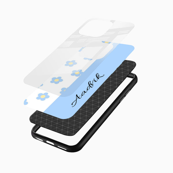 Aesthetic sky blue personalized mobile cover with white floral accents