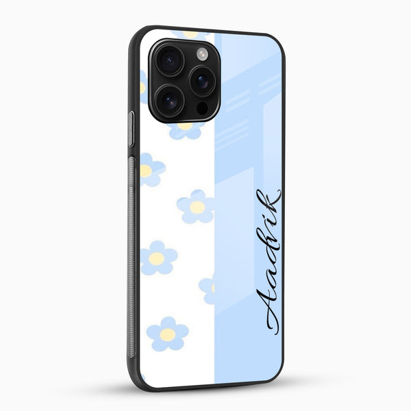 Personalized sky blue phone case with blue flowers and name lettering