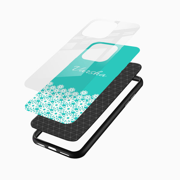 Turquoise glass mobile cover with custom script name printing