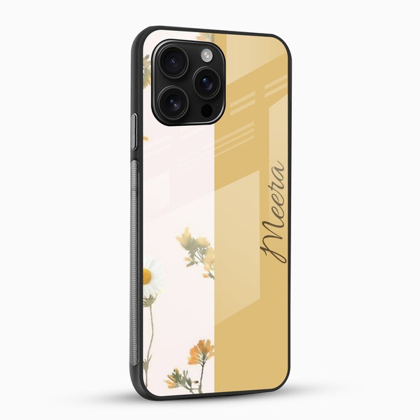 Personalized ivory mobile cover with white daisies and mustard accents