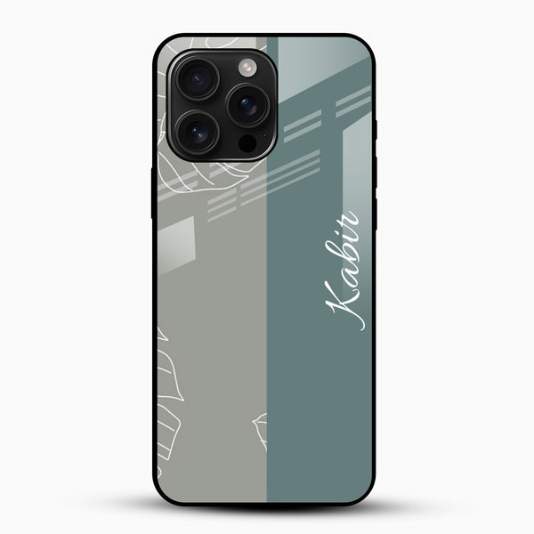 Customized name glass mobile cover with sage green and grey design