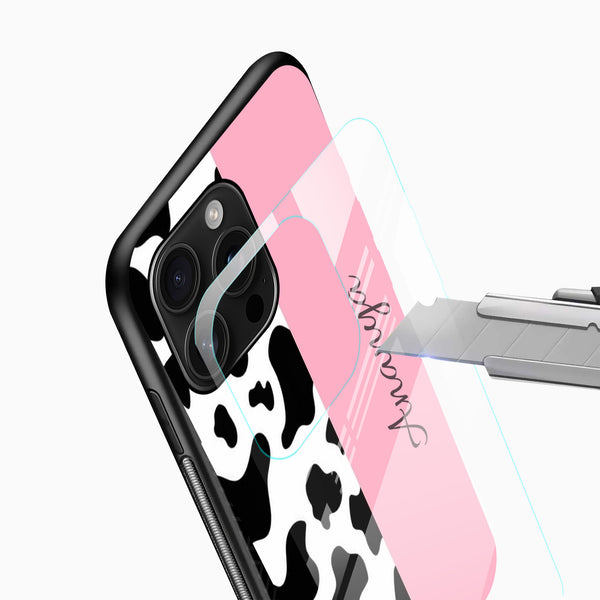 Glass mobile cover featuring custom script name and cow print design