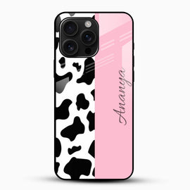 Pink Cow Print Design - Customized Name Glass Mobile Cover