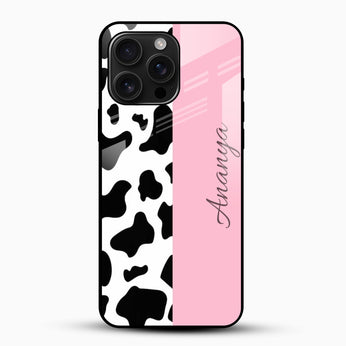 Pink Cow Print Design - Customized Name Glass Mobile Cover