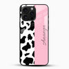 Customized name glass mobile cover with pink and black-and-white cow print