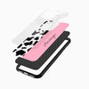 Stylish personalized phone case with a pink panel and black-and-white spots