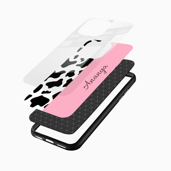 Stylish personalized phone case with a pink panel and black-and-white spots