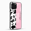 Personalized pink mobile cover with a trendy cow pattern