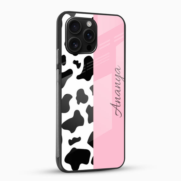 Personalized pink mobile cover with a trendy cow pattern