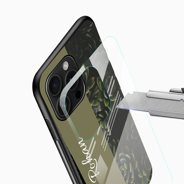 Olive green glass mobile cover with custom script name printing