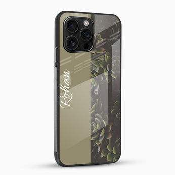 Olive Green Succulent Design - Customized Name Glass Mobile Cover
