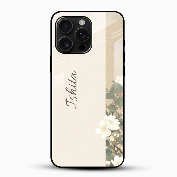 Customized name glass mobile cover with cream floral design