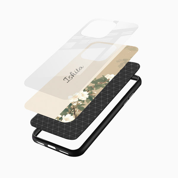 Floral personalized mobile cover with white blossoms and botanical artwork