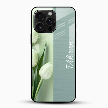 White Tulip Floral Design - Customized Name Glass Mobile Cover