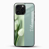 Customized name glass mobile cover with white tulip floral design