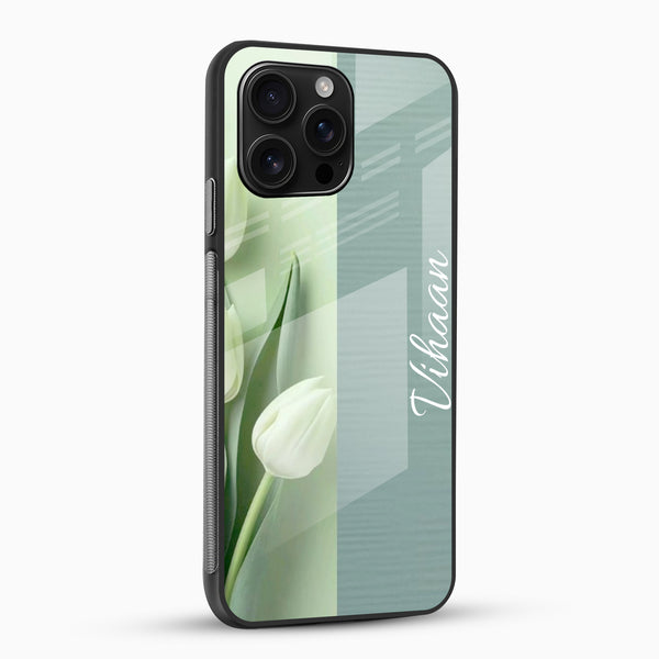 Personalized phone case with white tulips and green leaves