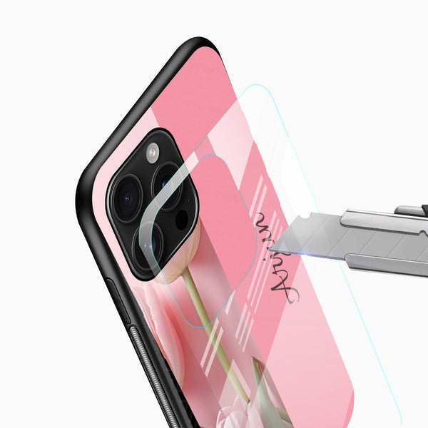 Rose-pink glass mobile cover with custom name printing