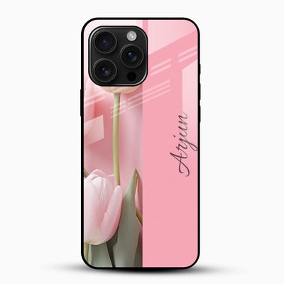 Pink Tulip Floral Design - Customized Name Glass Mobile Cover