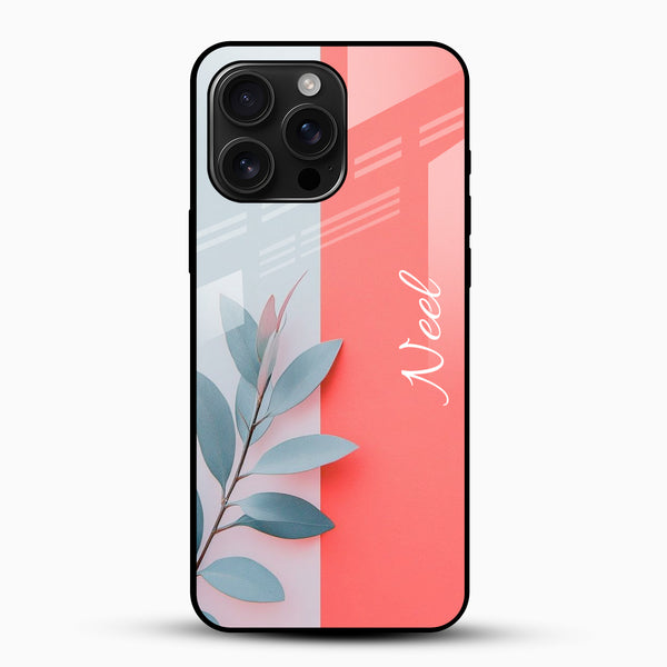 Customized name glass mobile cover with coral pink botanical design