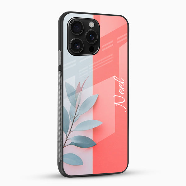 Personalized phone case with blue-green leaves and pastel background
