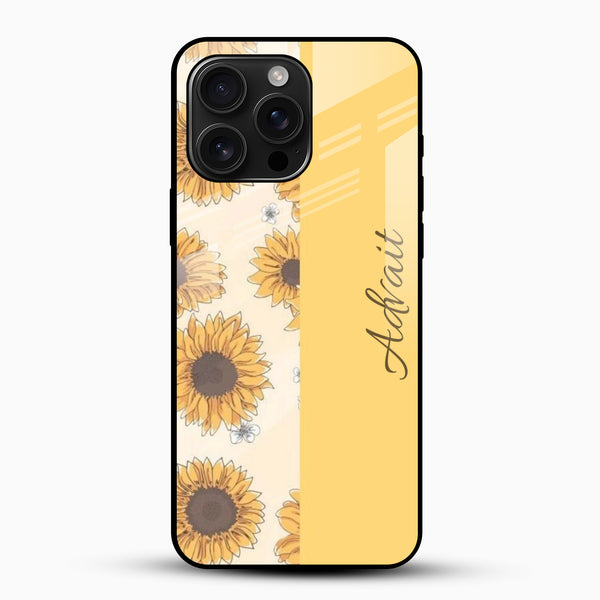Customized name glass mobile cover with yellow sunflower design