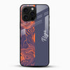 Customized name glass mobile cover with orange and navy blue marble design