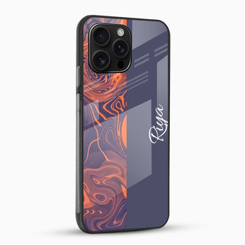 Orange & Navy Blue Marble Design -Customized Name Glass Mobile Cover