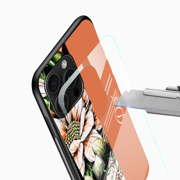 Premium glass phone case with white floral artwork and peach design