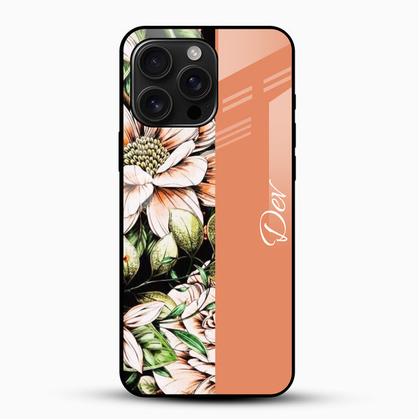 Customized name glass mobile cover with white flowers and peach-orange panel