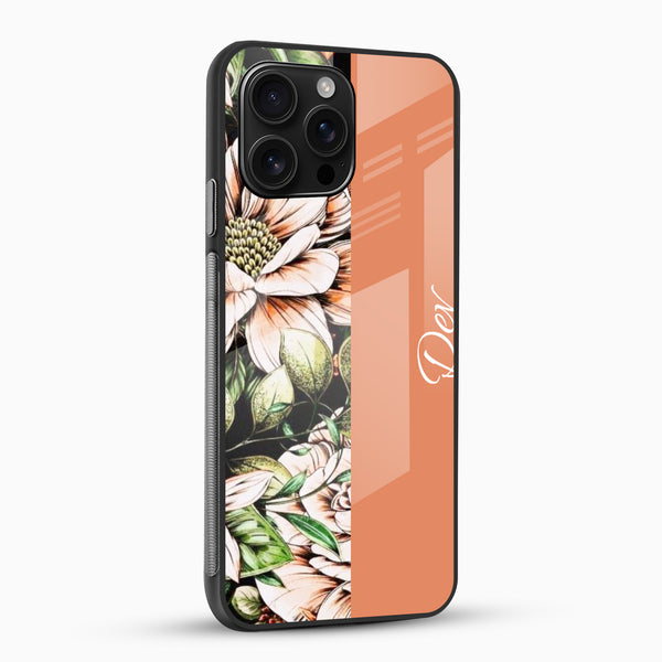 Personalized floral mobile cover with green leaves and elegant name printing