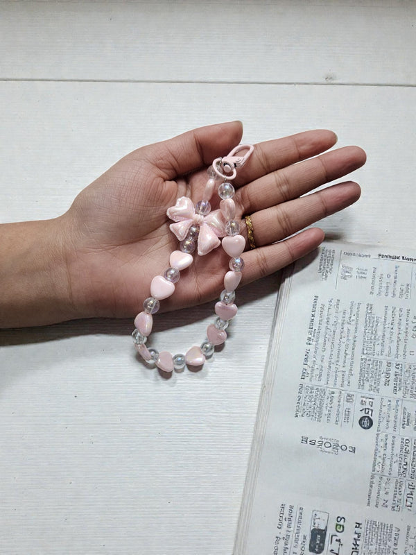 Blush Pink Heart & Bow Beaded Phone Charm – Cute Aesthetic Wrist Strap - Cover Stall