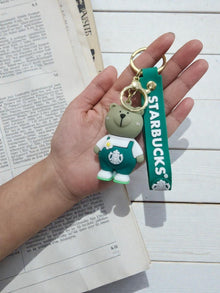 Cute Bear Coffee-Style Keychain – Green Outfit Charm for Bags & Keys